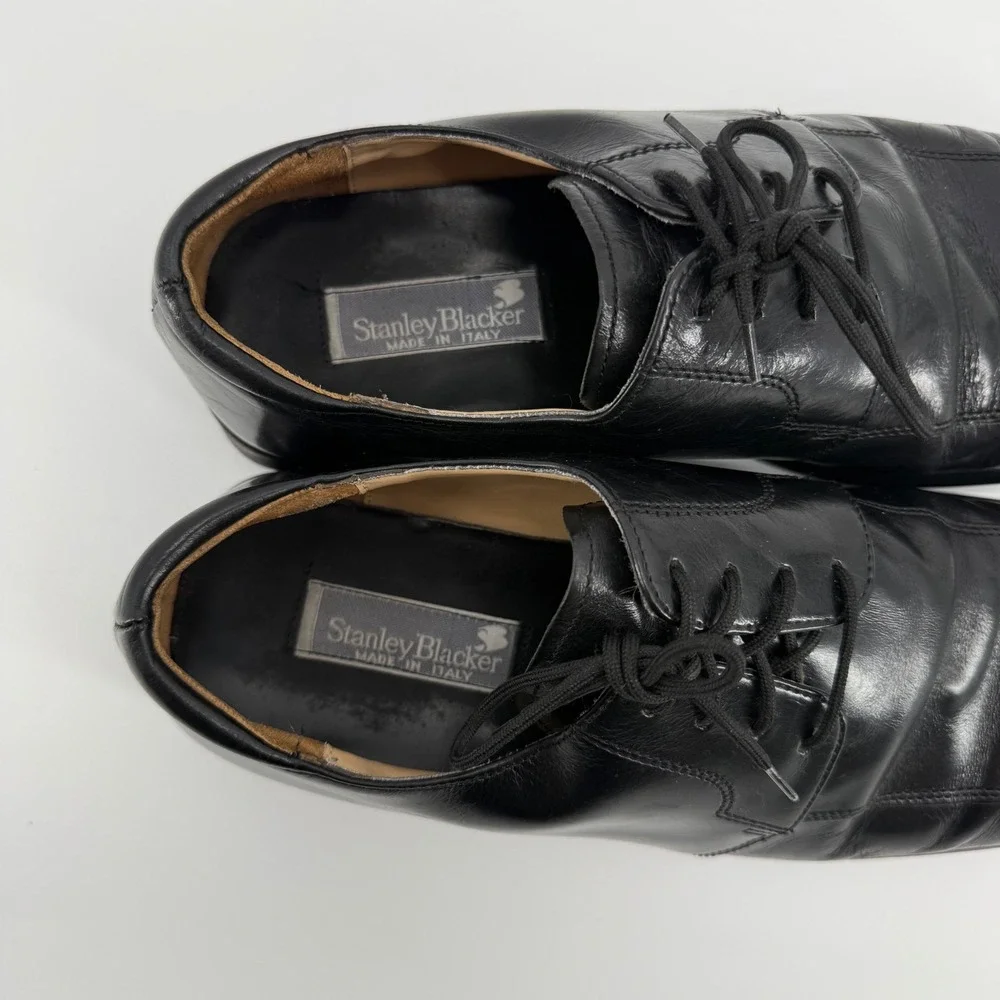 Stanley Blacker Mens Black Leather Square Toe Derby Shoes 10M 2951-1 Made Italy‎